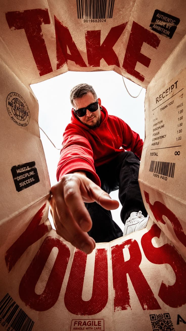 Limited-run fashion offer: a model in a red hoodie inside a printed shopping bag